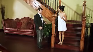 Beautiful cougar with a hot body enjoying a hardcore fuck on her sofa