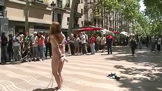 Tied up Dulce Mariposa gets fucked by two guys outdoors