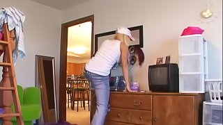 Jeans-clad blonde with nice big tits touching her fabulous ass