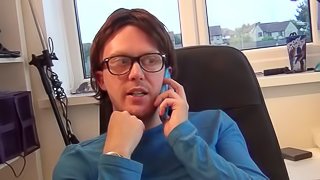 Experienced redhead gives the nerdy man quite a nice blowjob