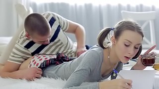 Teen interrupts her homework for his dick in her hot cunt