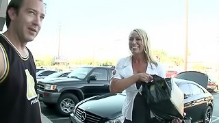 Nice ass blonde sits on a hard dong after giving a blazing blowjob