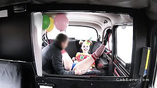 Clown babe squirts and fucks in fake taxi