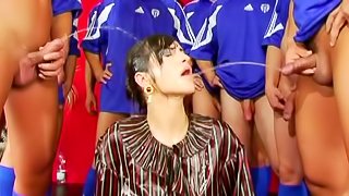 Horny football players cover a slut in semen and piss