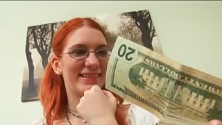 Glassed Redhead Teen Gets Paid To Have a Threesome With Two Old Men