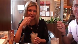 Blond in nylons screwed in the biffy