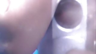 Beach change cabin girl is washing and petting her nude tits