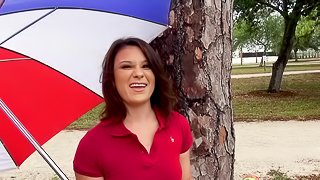 Gorgeous Jayden Riley gets talked into sucking a dick outdoors