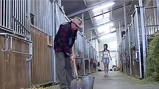 Old cowboy and a cutie fucking in the horse stalls