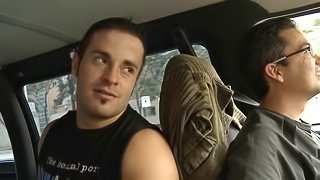 Fucking on the go in the back seat of a van on the street