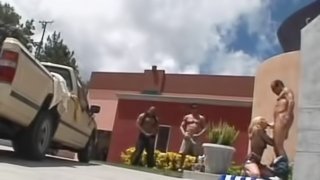 Sultry teen getting gang banged outdoors till orgasm