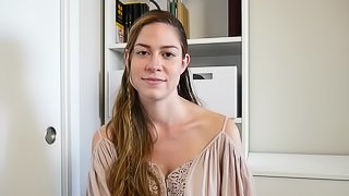 Horny brunette chick with big tits sucking and getting fucked by big white dick