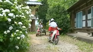 Chubby Asian with big tits fingering hairy cunt in bath outdoor