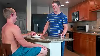 Chubby gay guy with dark blonde hair getting his cock sucked