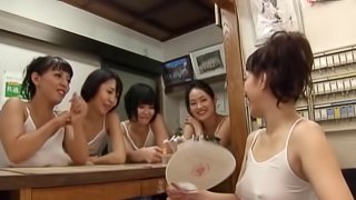 Japanese MILFS get wild giving blowjob in a Hardcore group sex
