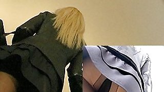 Tights up neat golden-haired's skirts