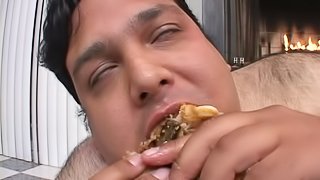 Kinky blond chick gets her snatch licked and banged in food fetish vid