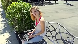 Skinny blonde in jeans rides a big cock hardcore in pov