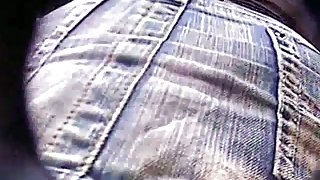 Naughty babe in short jeans skirt wears flowery panties