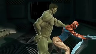 3D cartoon Spiderman getting blown and fucked by The Hulk