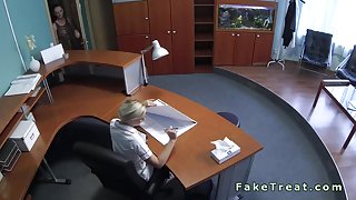 Lesbian blonde nurse licking patient on the desk