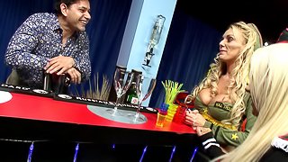 Strippers ride a customer's cock while lapdancing in the VIP room