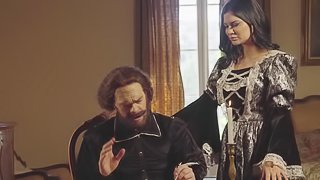 Hot costume threesome with a busty slut double teamed