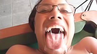 Stunning babes in glasses riding huge cock hardcore before swallowing cum