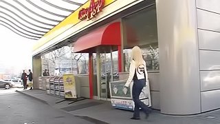 Horny teen masturbates in a toilet and sucks a cock