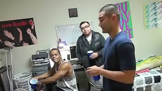 Chubby gay guy with short dark hair enjoying an awesome interracial fuck