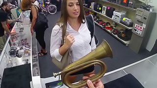 Brunette babe blows and gets fucked doggy style in POV