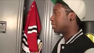 Vivacious blonde with a shaved pussy sucking a big black cock