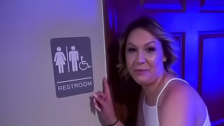 Bitch goes to public toilet and gets on her knees for sucking