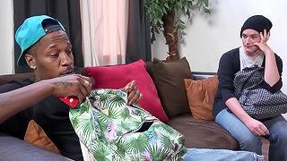 A black gay guy uses his big cock to gag and fuck his white boyfriend