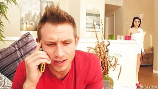 Young brunette is riding long boner