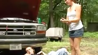 Beautiful brunette girl pleases a guy by riding his stiff dick