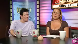 Pretty lesbian porn star with a great body laughing and chatting