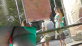 Babe in the summer dress was upskirted at the bus stop