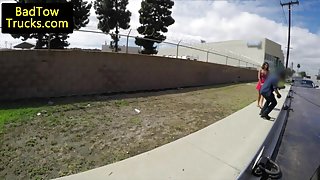 Stranded babe blows truck driver for free tow