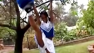 Ebony cheerleader Alela Tyler sucks and rides her BF's BBC