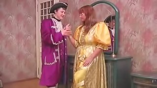 Lustful couple in fancy costumes fucking in bed hardcore