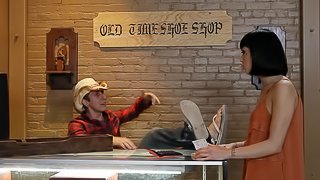 Cowboy pounds his cock into the big tits slut in stockings