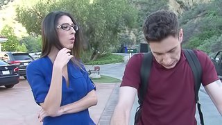 Nerdy girl with beautiful boobs rides the cock like a professional