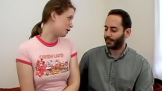 Riding a bearded dude's cock with her hairy snatch