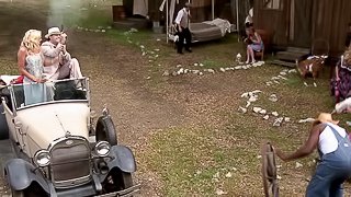 Outdoor orgy fucking with beauties in vintage dresses and lingerie