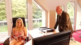 Teen slut in a skimpy pink fishnet top fucks an old man