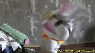 Bluehair cosplay babe in uniform jerks