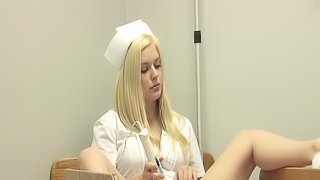 Busty blonde nurse masturbating at work
