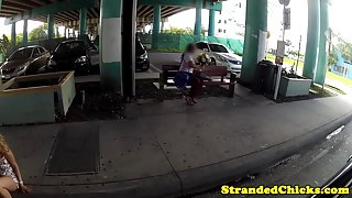 Hitchhiking babe facialized in restroom