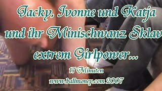 Two kinky babes and a guy in ball busting femdom video